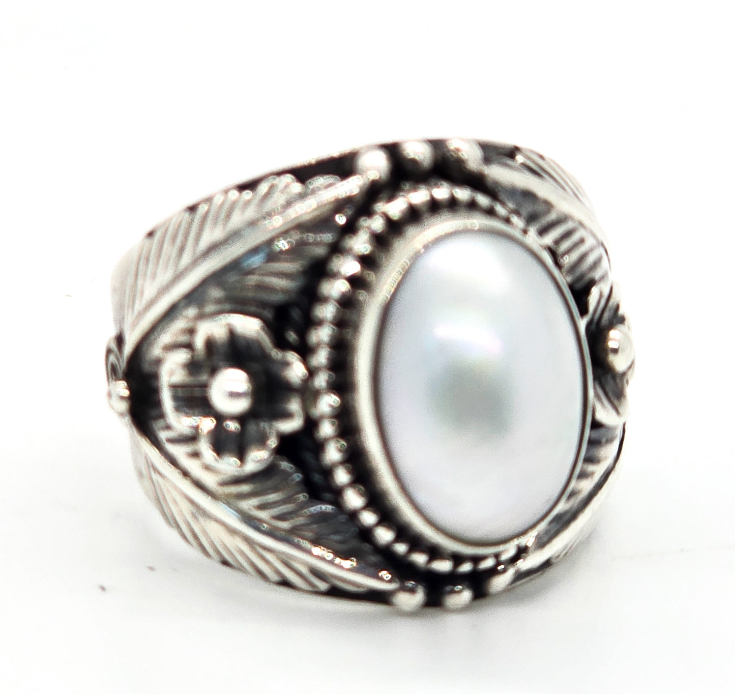 Meran Southwestern Pearl Tribal Feather ring Indonesia Sterling silver ring size 8