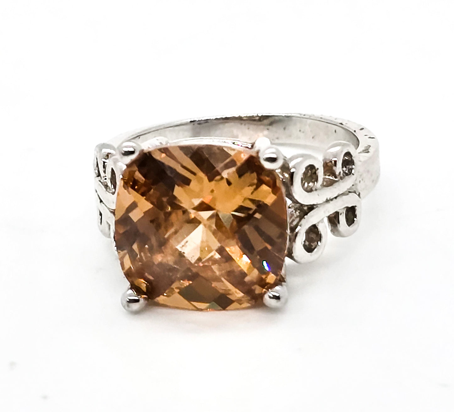 Champagne Cubic Zirconia CZ Cushion cut sterling silver ring size 8