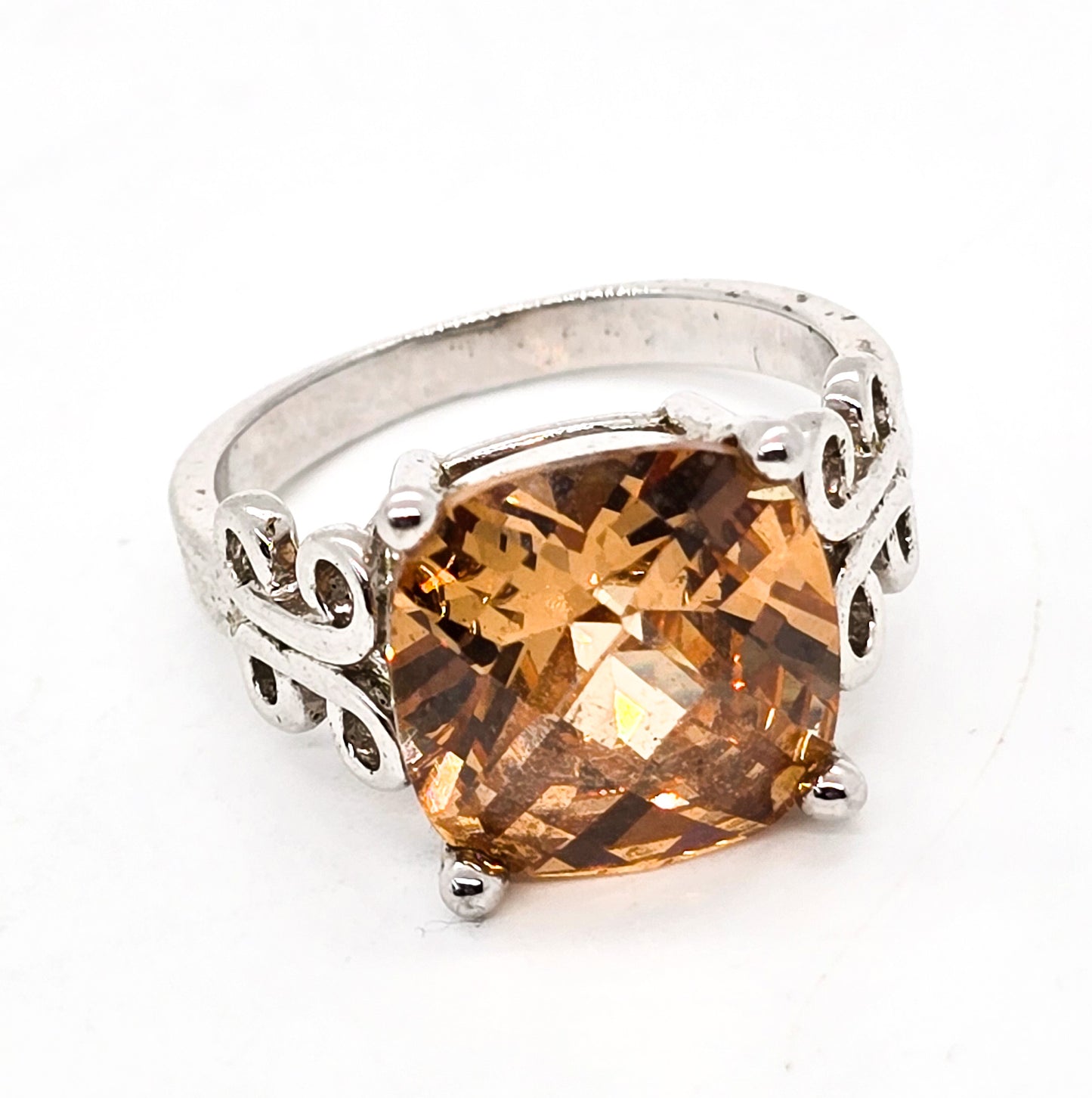 Champagne Cubic Zirconia CZ Cushion cut sterling silver ring size 8