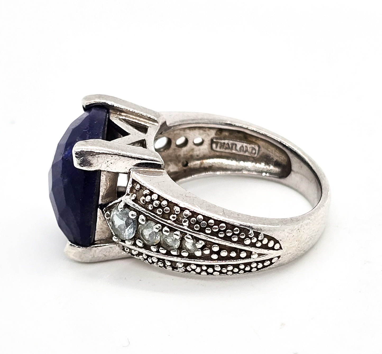 Fadi Faceted Lapis Lazuli and blue topaz large sterling silver statement ring size 8