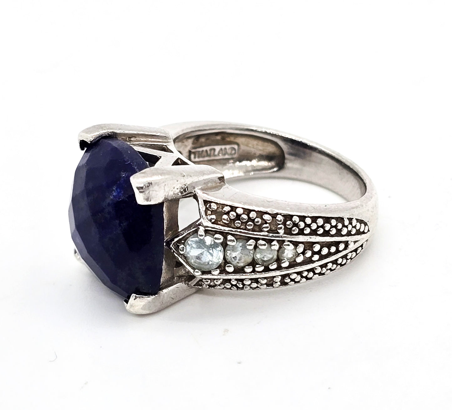 Fadi Faceted Lapis Lazuli and blue topaz large sterling silver statement ring size 8