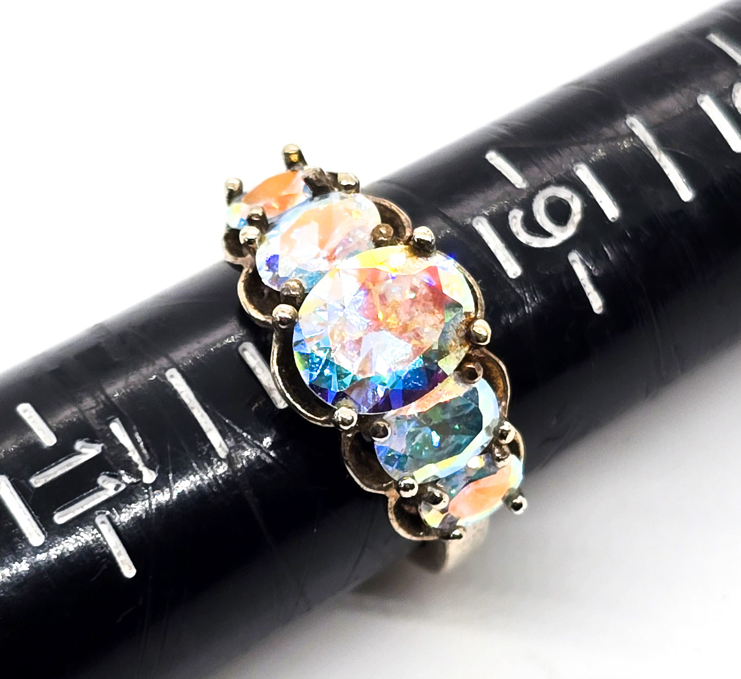 Mystic Topaz 5 stone UTC signed vermeil YGP statement ring size 10