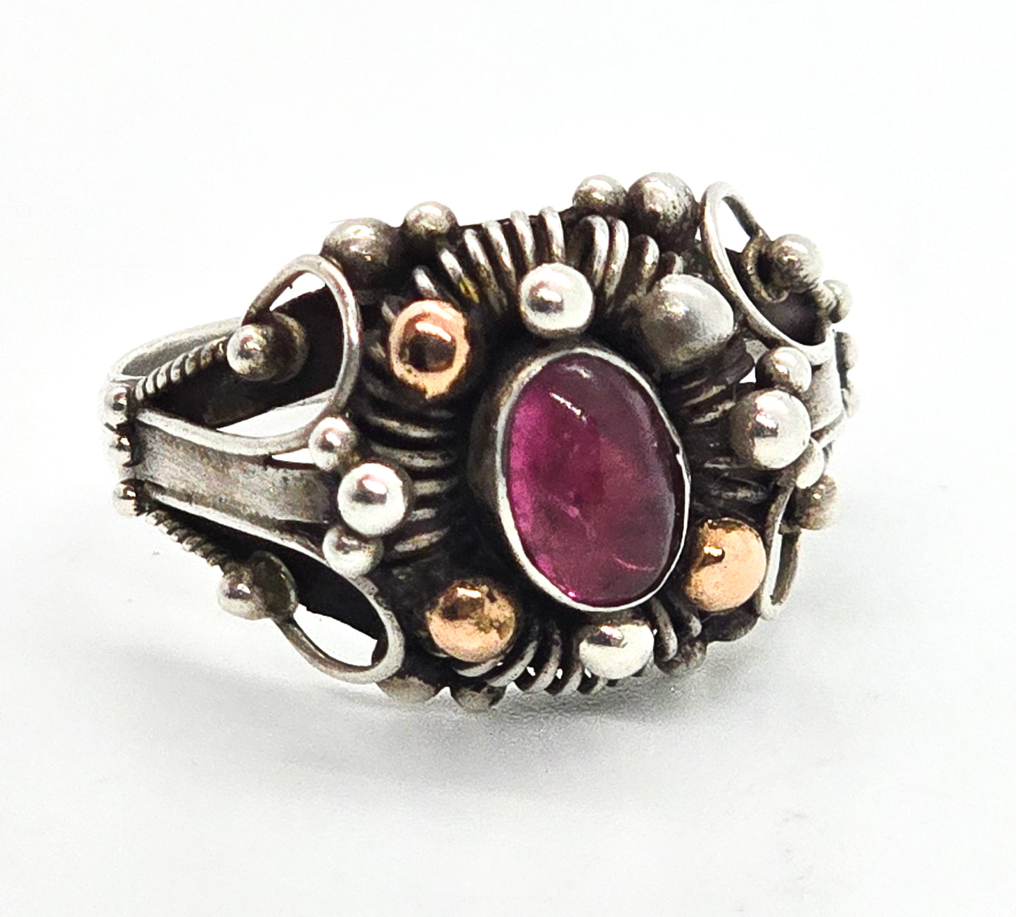 Pink Tourmaline Rose Gold Plated Balinese style sterling silver vintage ring size 8