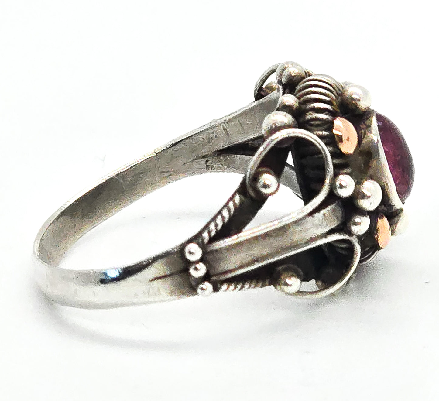 Pink Tourmaline Rose Gold Plated Balinese style sterling silver vintage ring size 8
