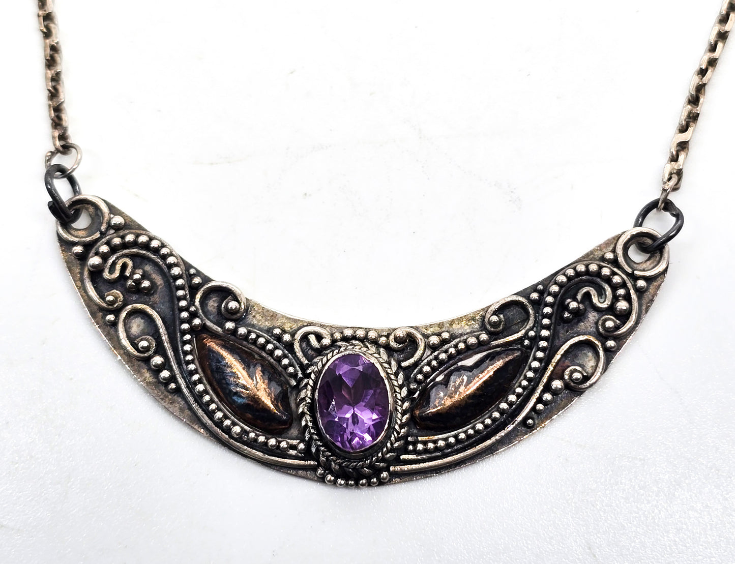 Amethyst Bali Balinese purple gemstone sterling silver gold vintage statement necklace