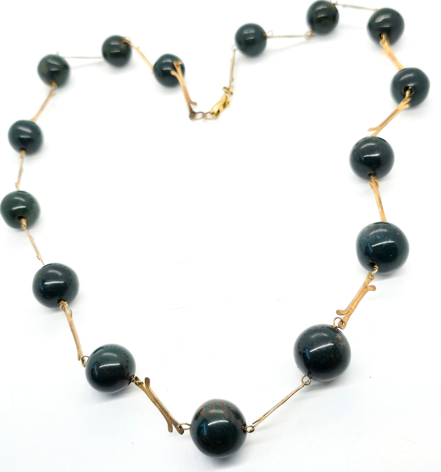 Bloodstone large 15mm beaded graduated stationary gold filled artisan vintage necklace