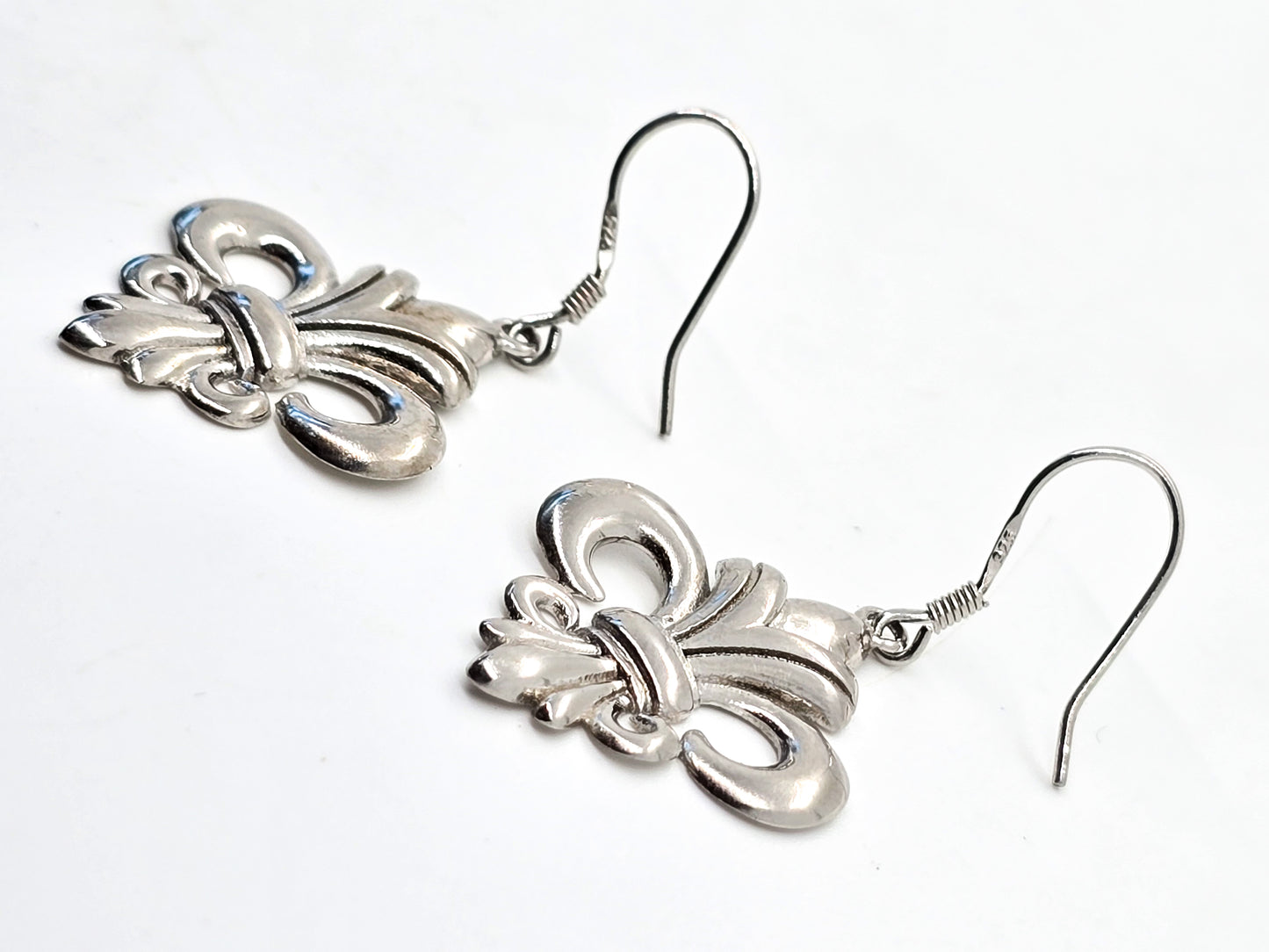 Fleur de Lis French Creole Rhodium plated sterling silver drop earrings