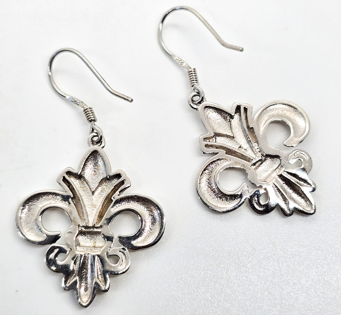 Fleur de Lis French Creole Rhodium plated sterling silver drop earrings