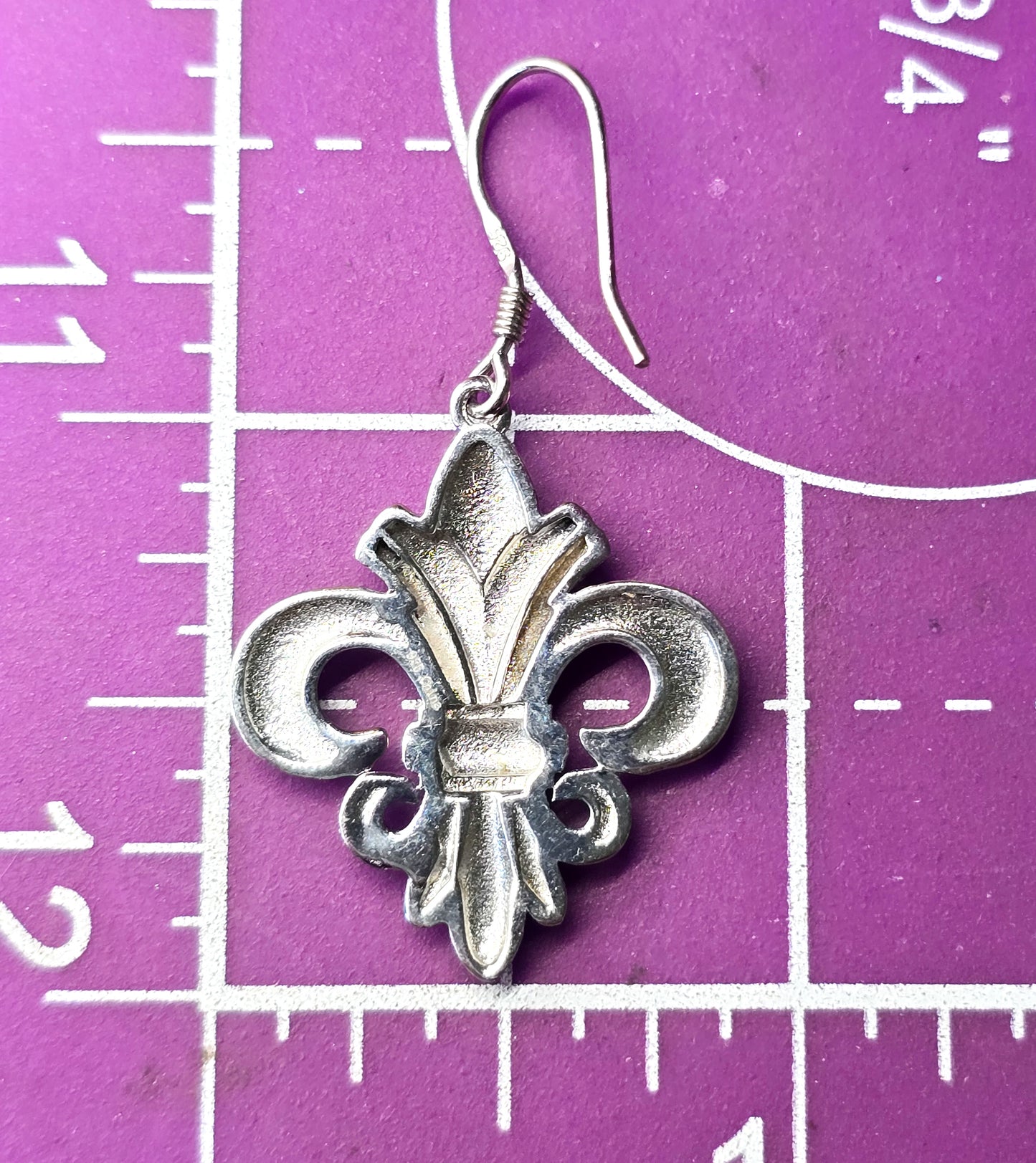 Fleur de Lis French Creole Rhodium plated sterling silver drop earrings