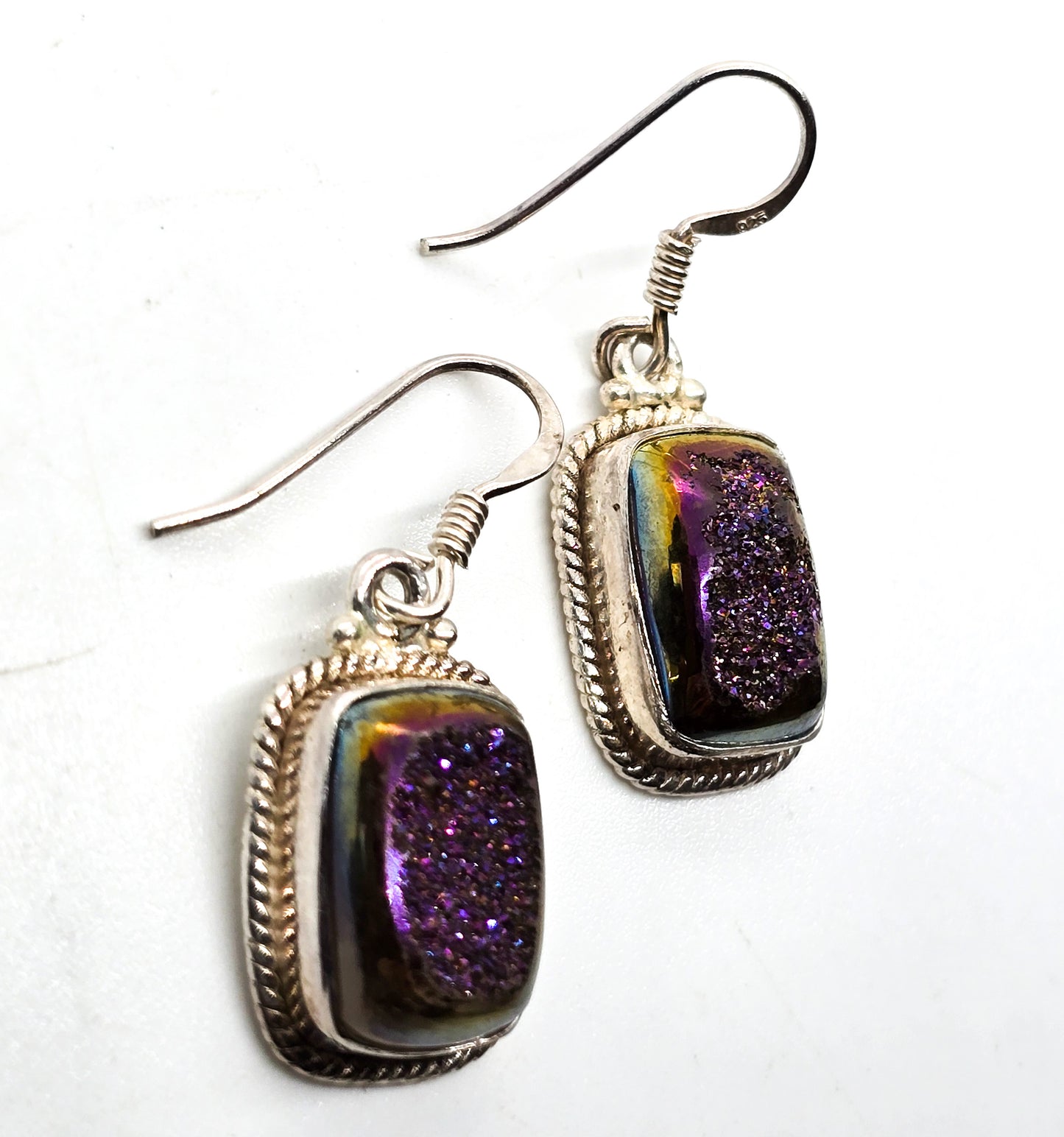Purple Titanium Aura Druzy quartz gemstone sterling silver drop earrings