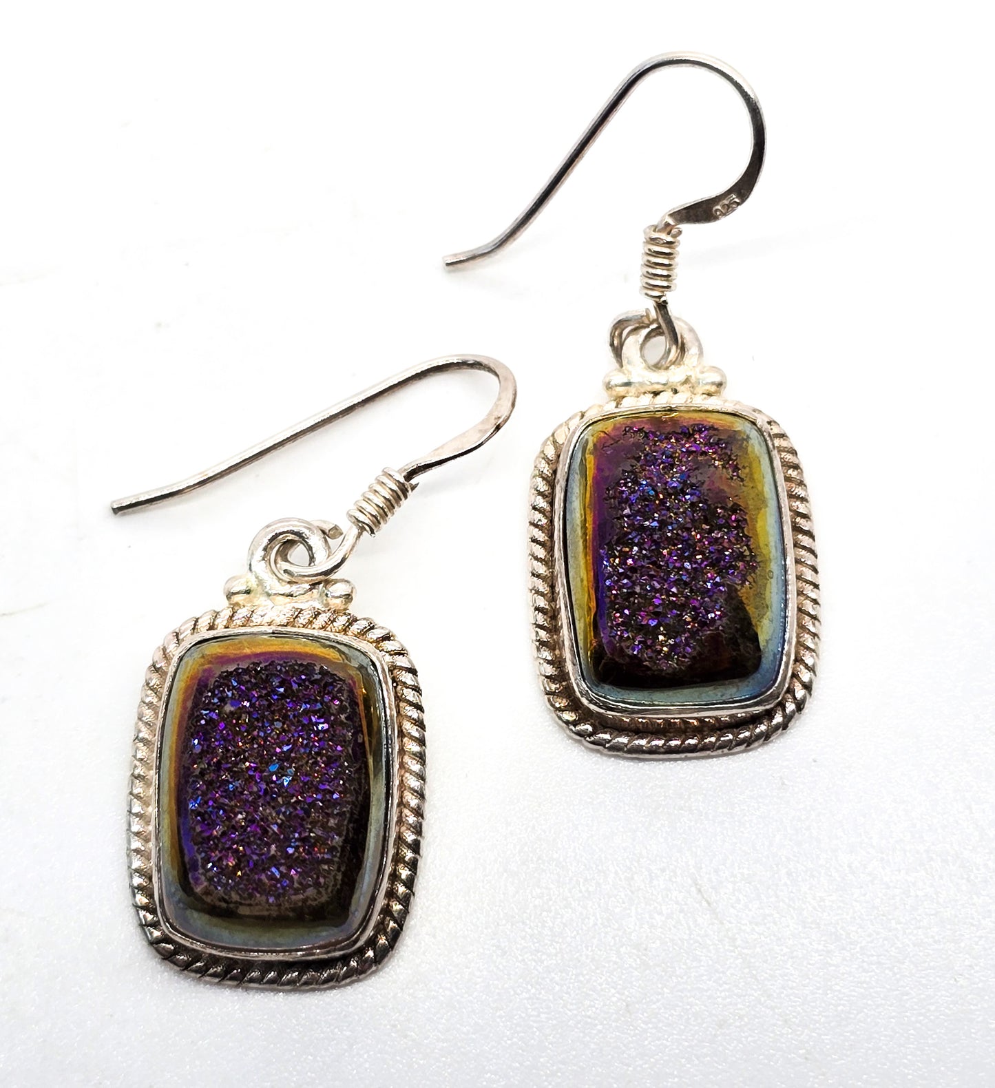 Purple Titanium Aura Druzy quartz gemstone sterling silver drop earrings