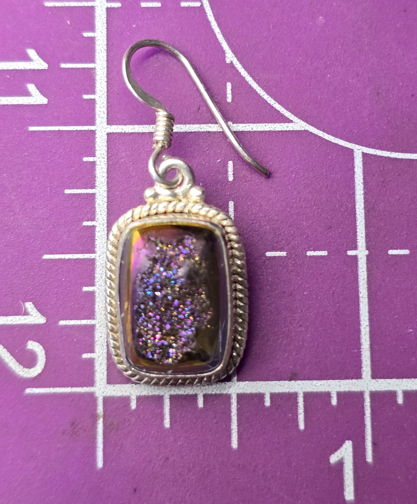 Purple Titanium Aura Druzy quartz gemstone sterling silver drop earrings