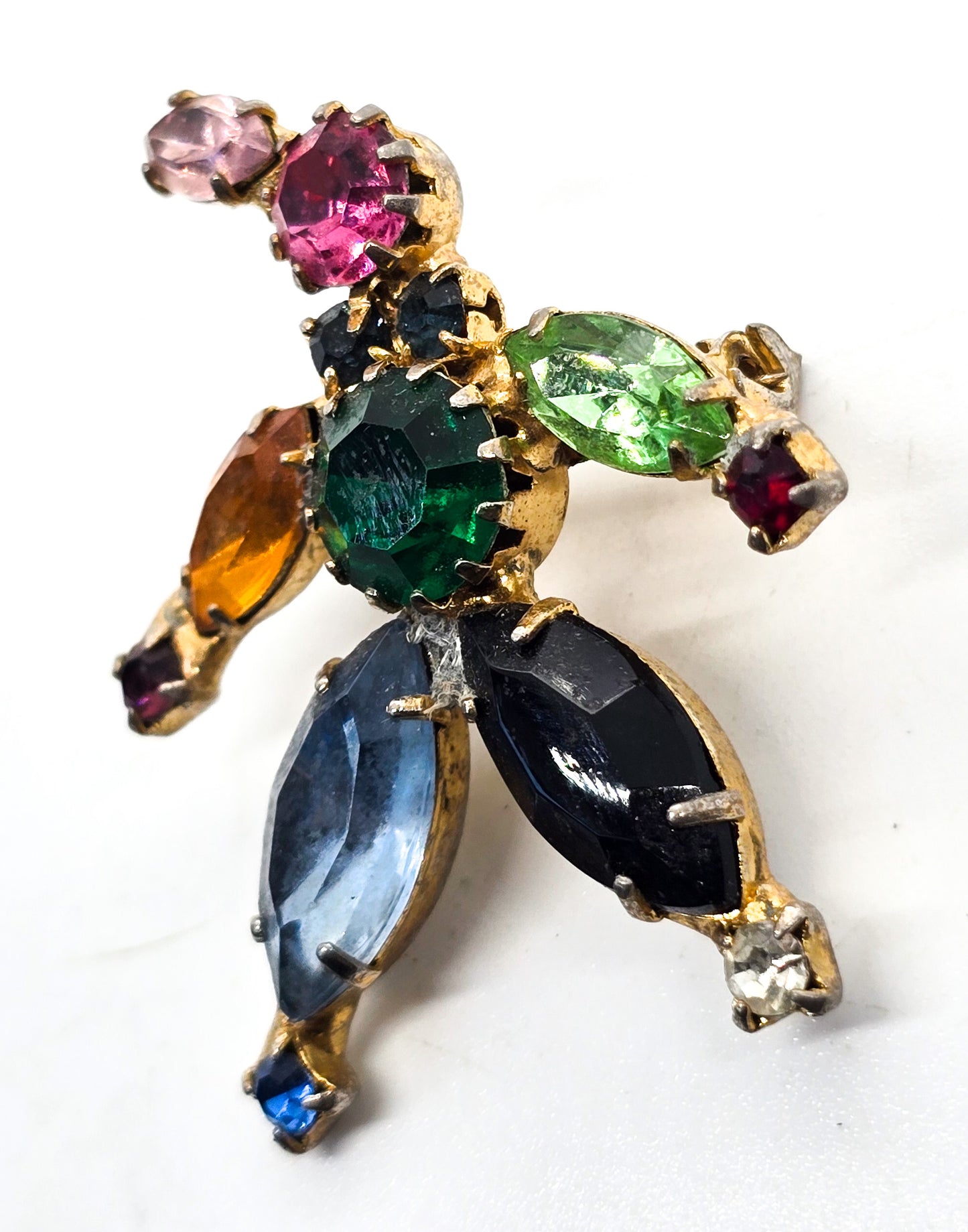 Clown uranium glass fruit salad vintage rainbow rhinestone prong set brooch.
