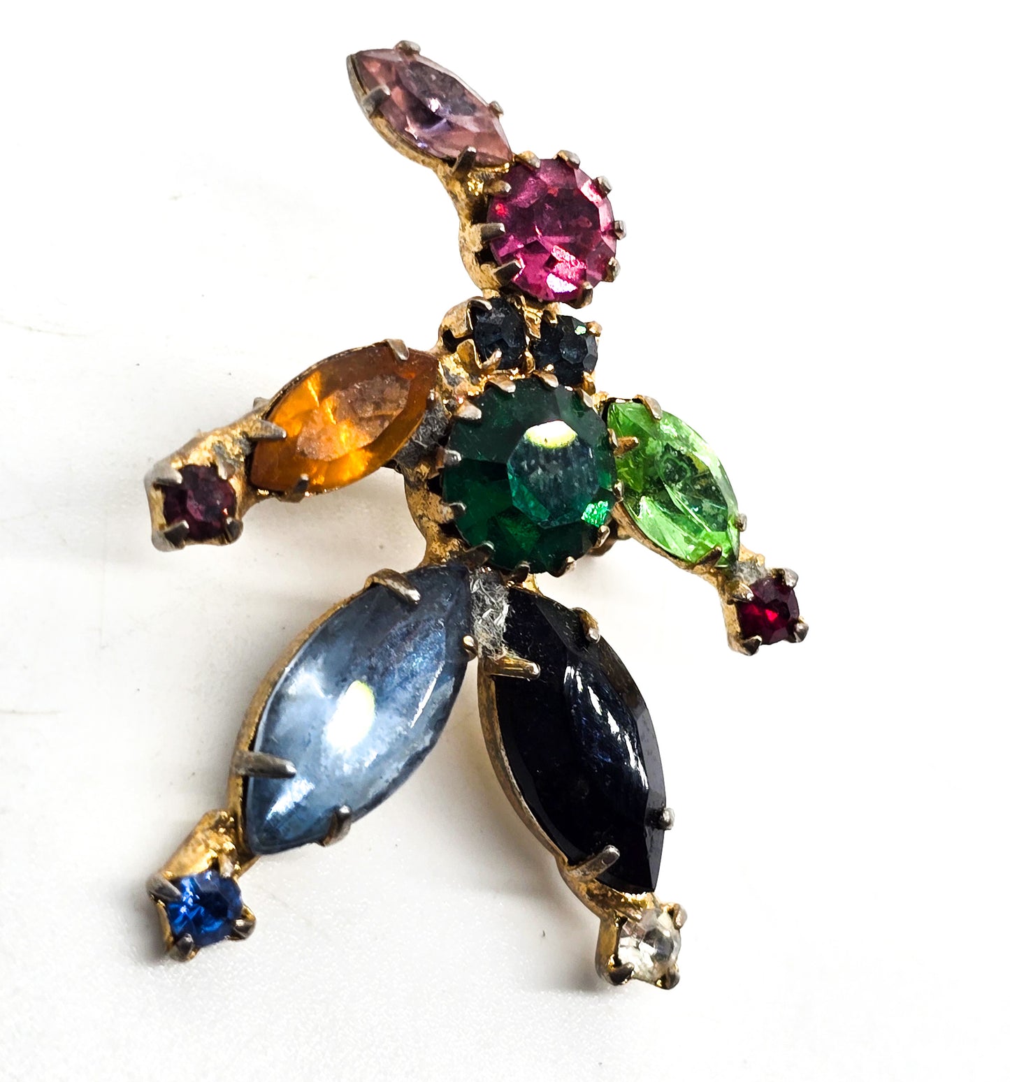 Clown uranium glass fruit salad vintage rainbow rhinestone prong set brooch.