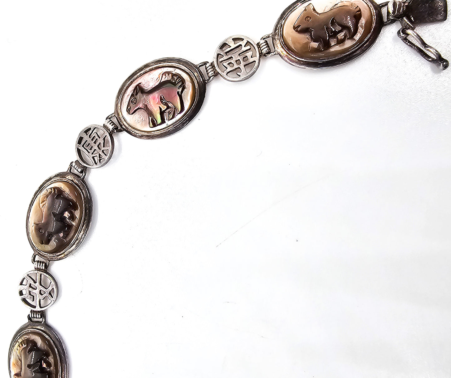Carved Mother of pearl sterling silver Asian Hong Kong sterling silver vintage bracelet