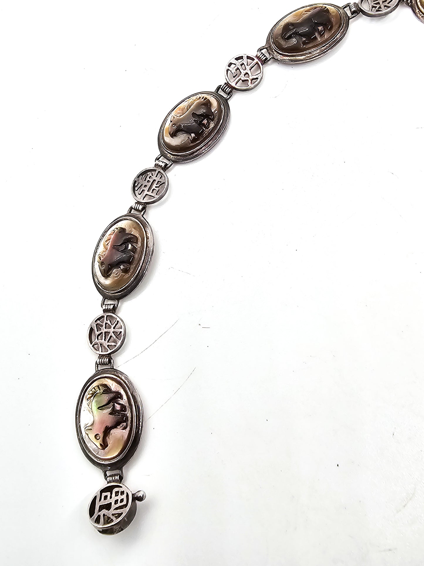 Carved Mother of pearl sterling silver Asian Hong Kong sterling silver vintage bracelet