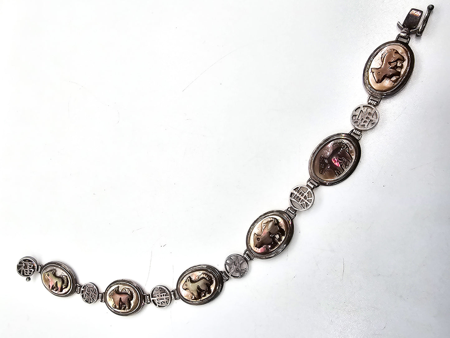 Carved Mother of pearl sterling silver Asian Hong Kong sterling silver vintage bracelet