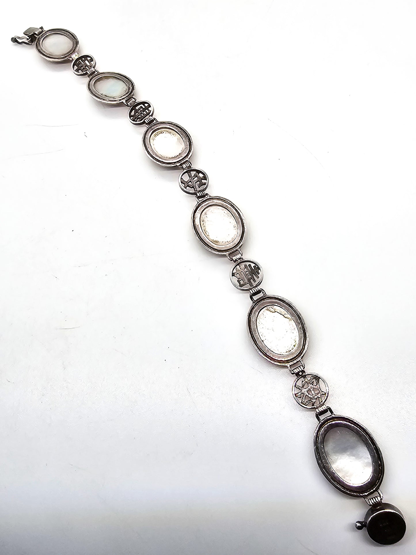 Carved Mother of pearl sterling silver Asian Hong Kong sterling silver vintage bracelet
