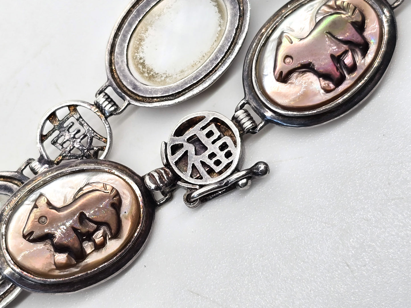 Carved Mother of pearl sterling silver Asian Hong Kong sterling silver vintage bracelet