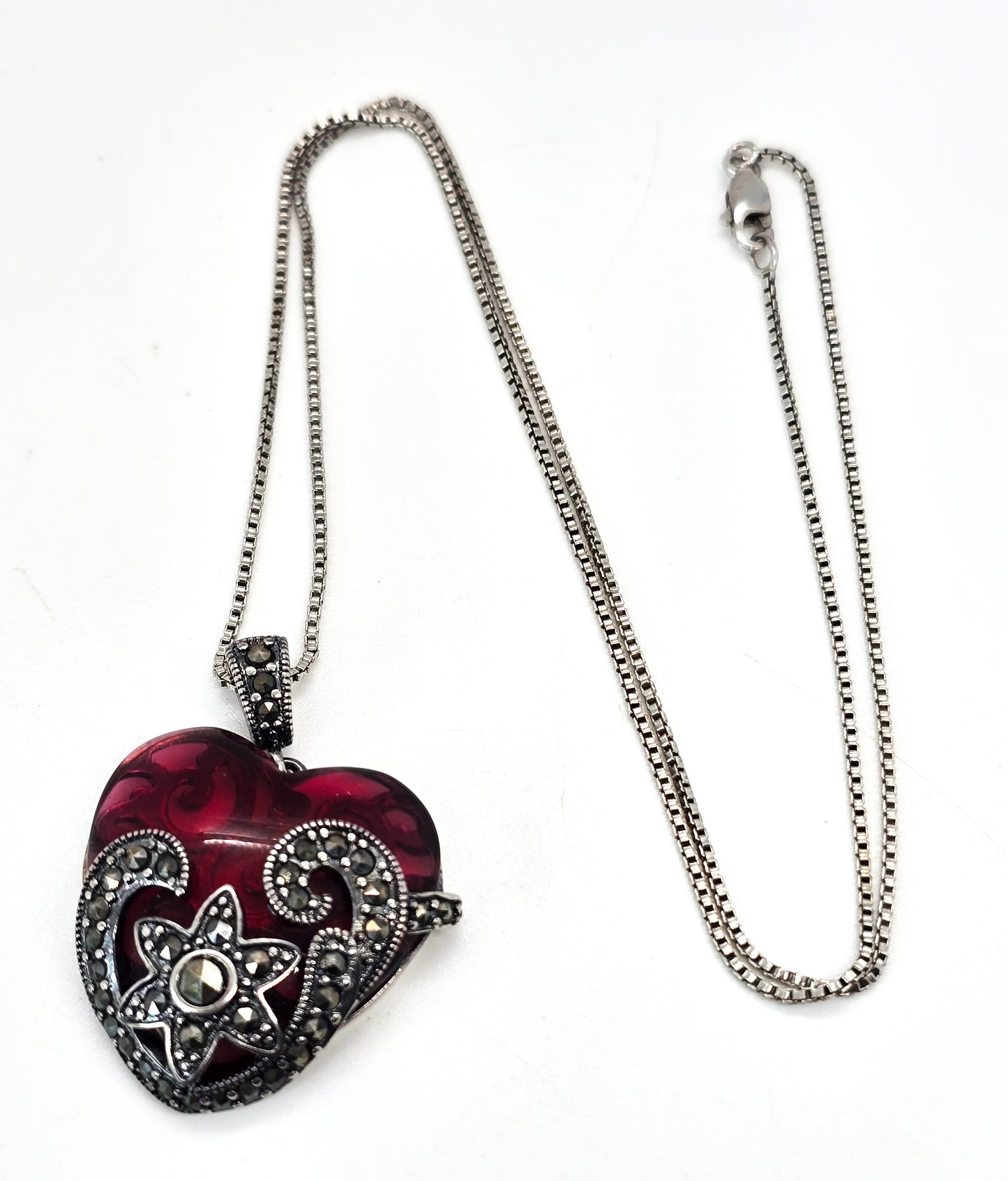 PAJ Art Deco Style Red glass heart marcasite sterling silver vintage necklace