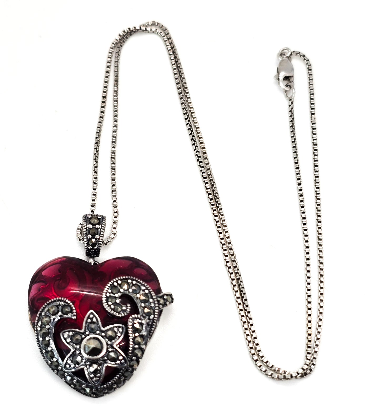 PAJ Art Deco Style Red glass heart marcasite sterling silver vintage necklace