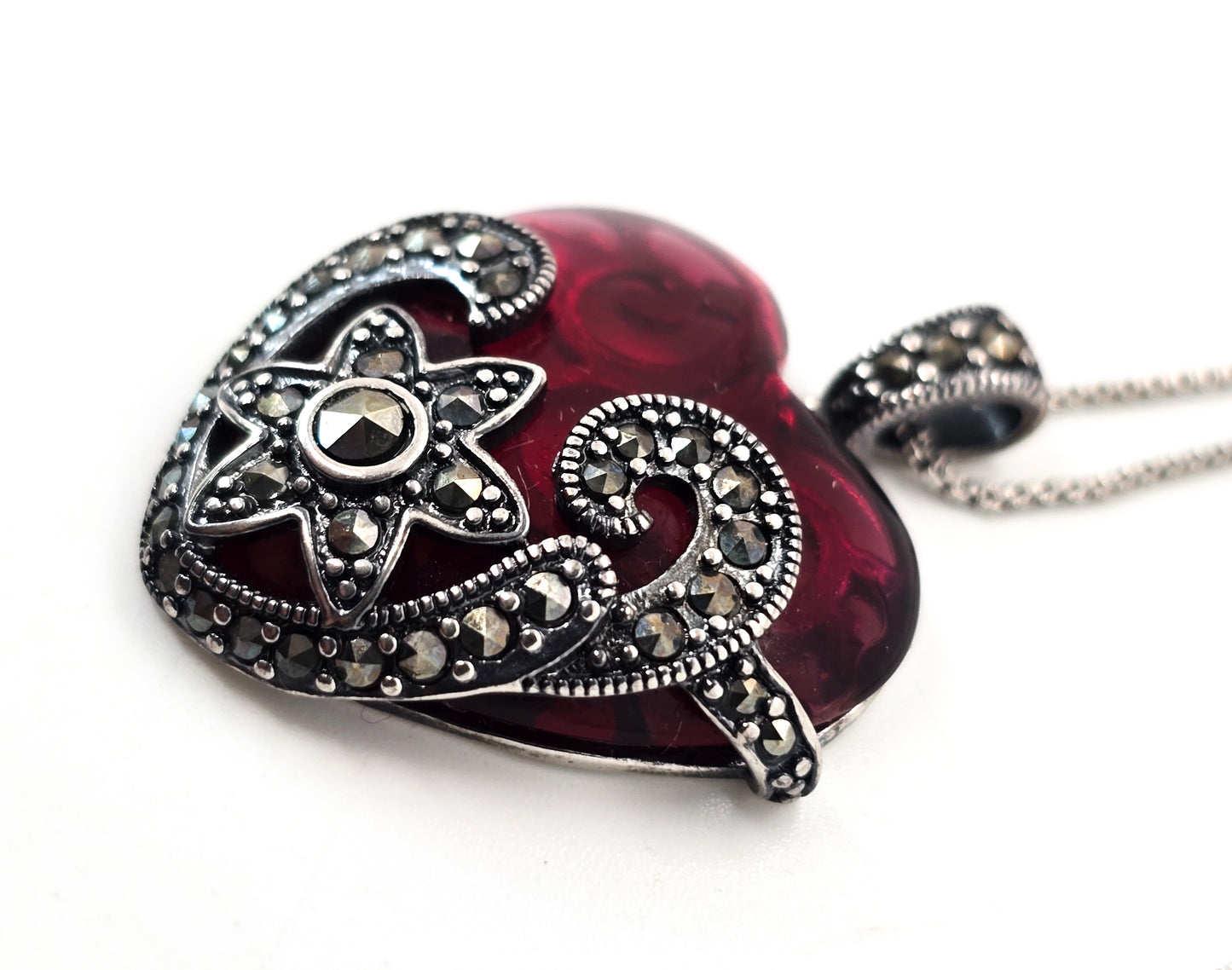 PAJ Art Deco Style Red glass heart marcasite sterling silver vintage necklace
