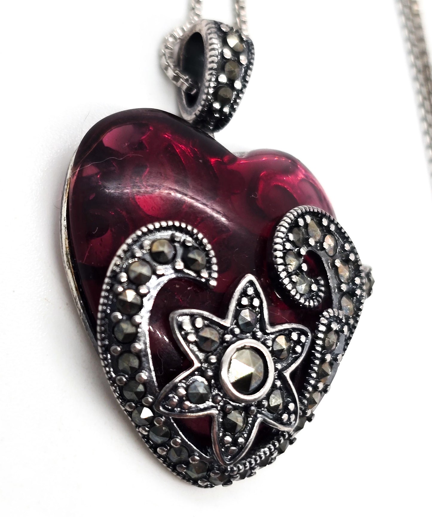 PAJ Art Deco Style Red glass heart marcasite sterling silver vintage necklace