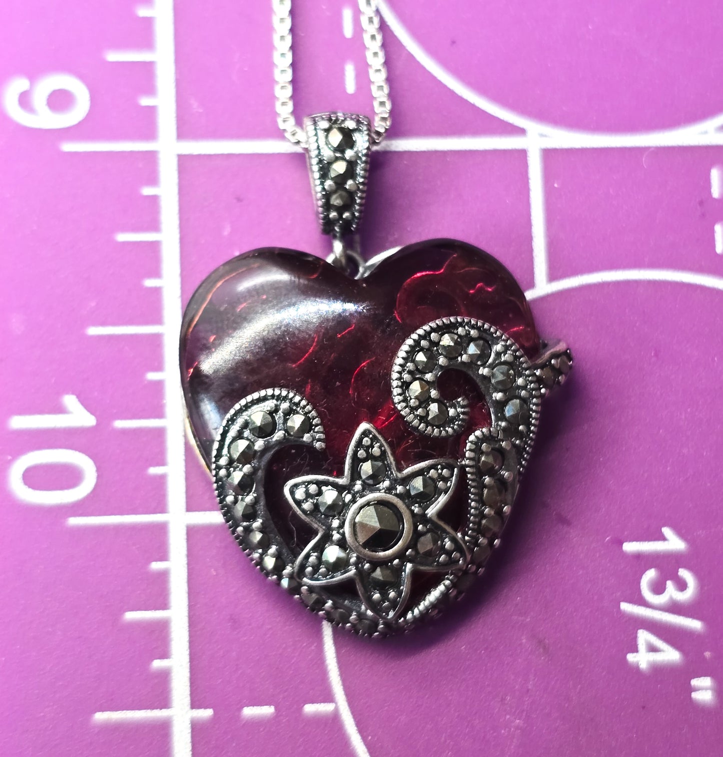 PAJ Art Deco Style Red glass heart marcasite sterling silver vintage necklace