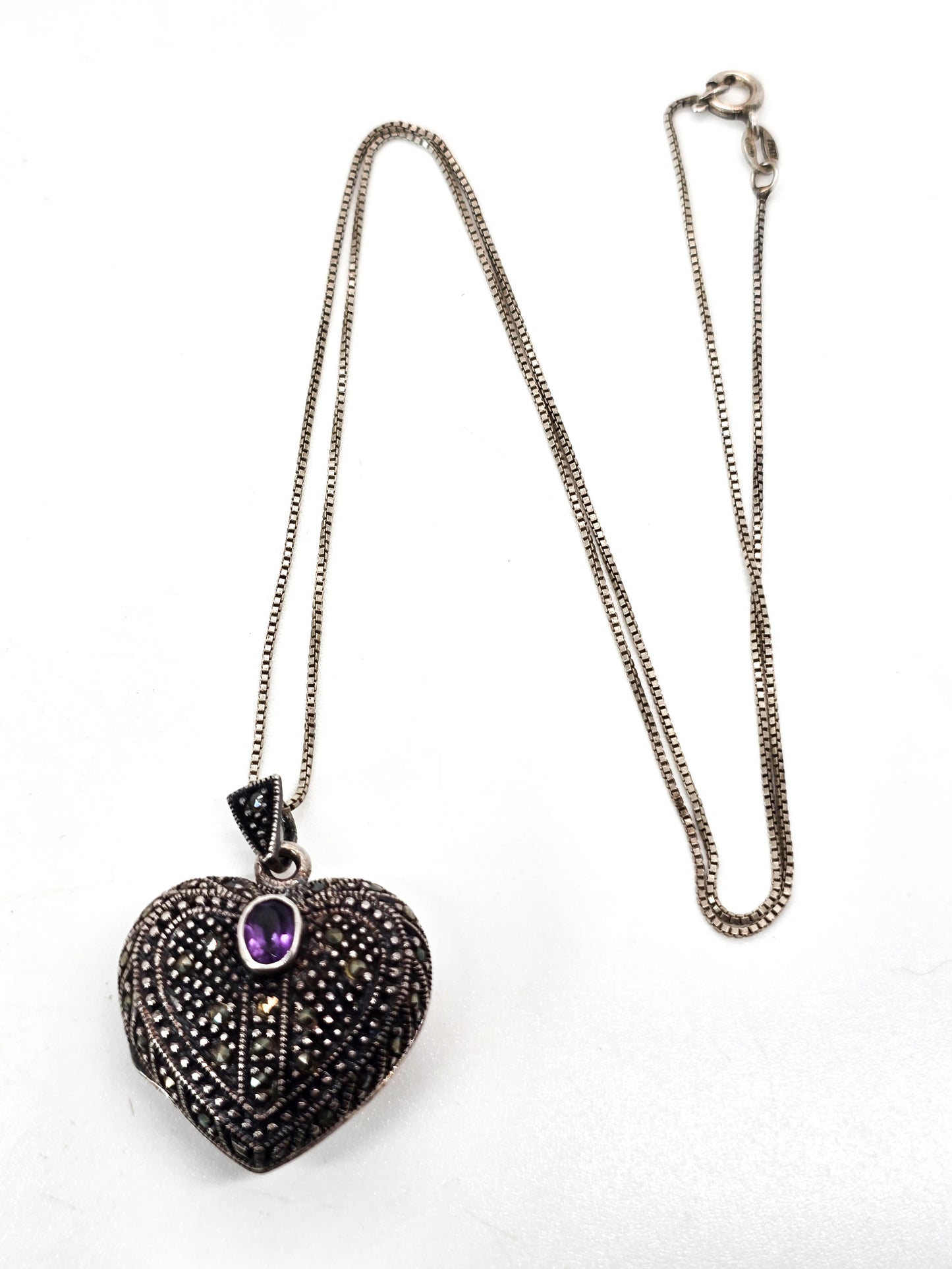 FAS locket amethyst marcasite studded puffy heart sterling silver vintage necklace