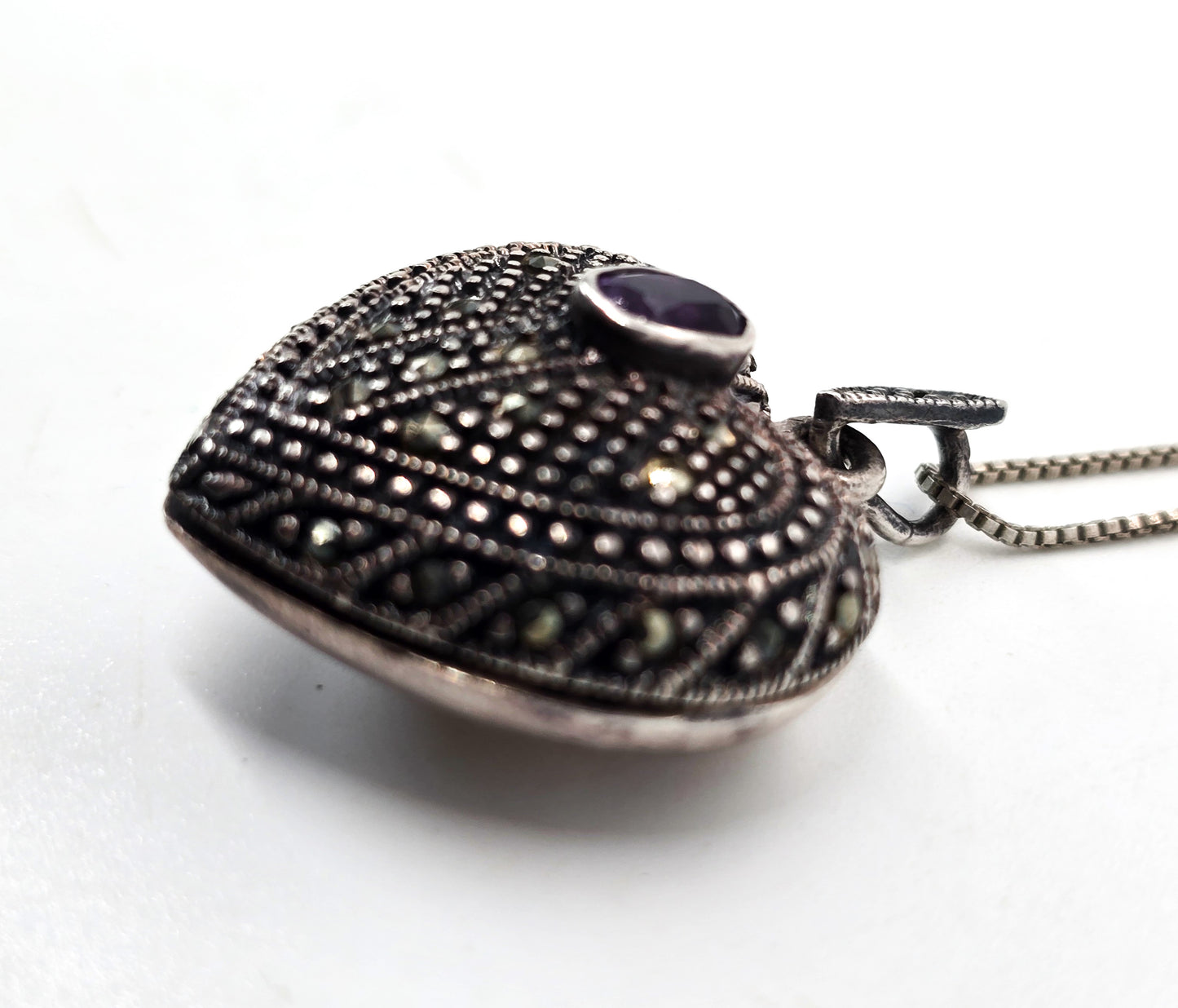 FAS locket amethyst marcasite studded puffy heart sterling silver vintage necklace