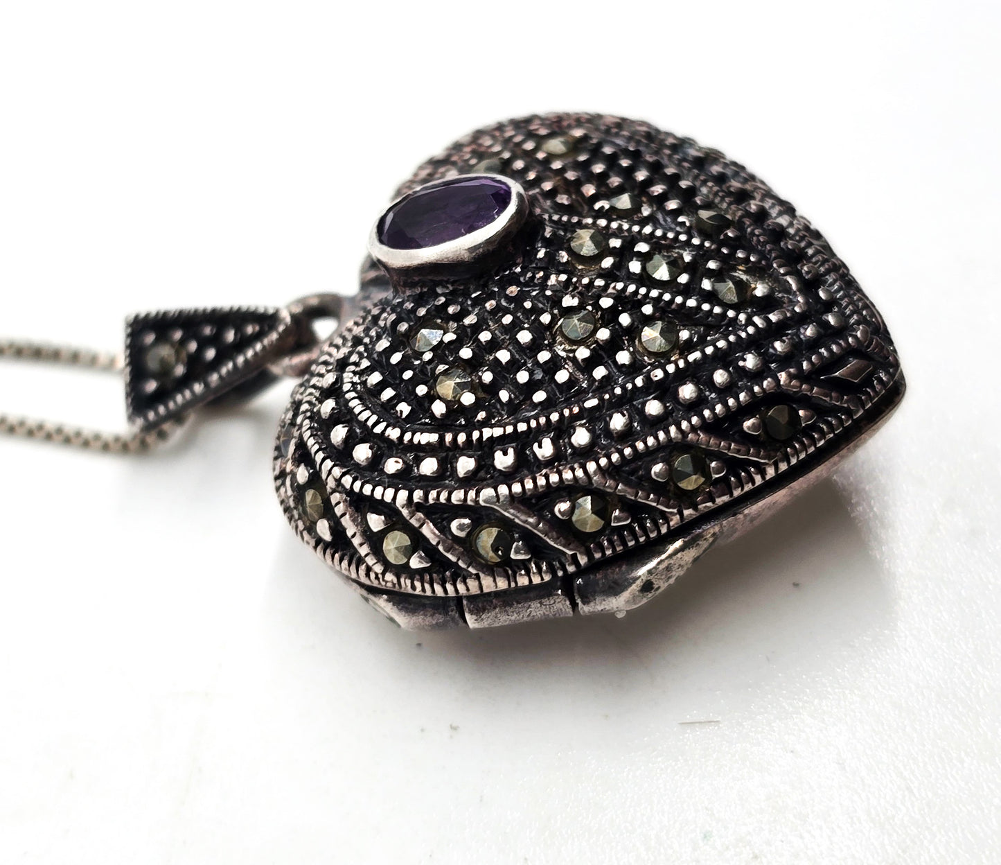FAS locket amethyst marcasite studded puffy heart sterling silver vintage necklace