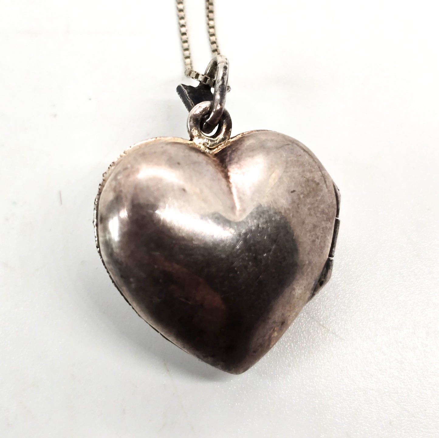 FAS locket amethyst marcasite studded puffy heart sterling silver vintage necklace