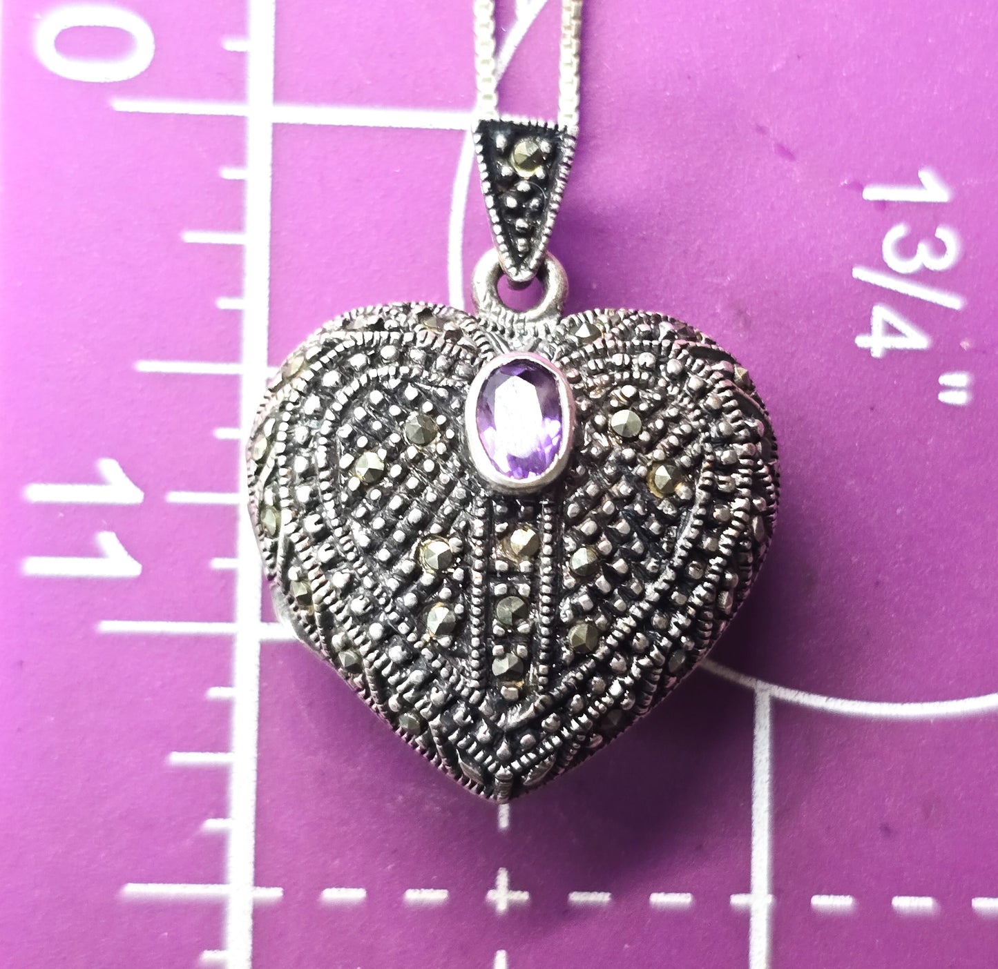 FAS locket amethyst marcasite studded puffy heart sterling silver vintage necklace
