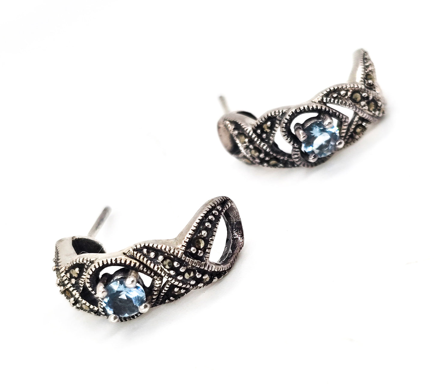 Blue Topaz open work heart vintage marcasite semi hoop sterling silver earrings