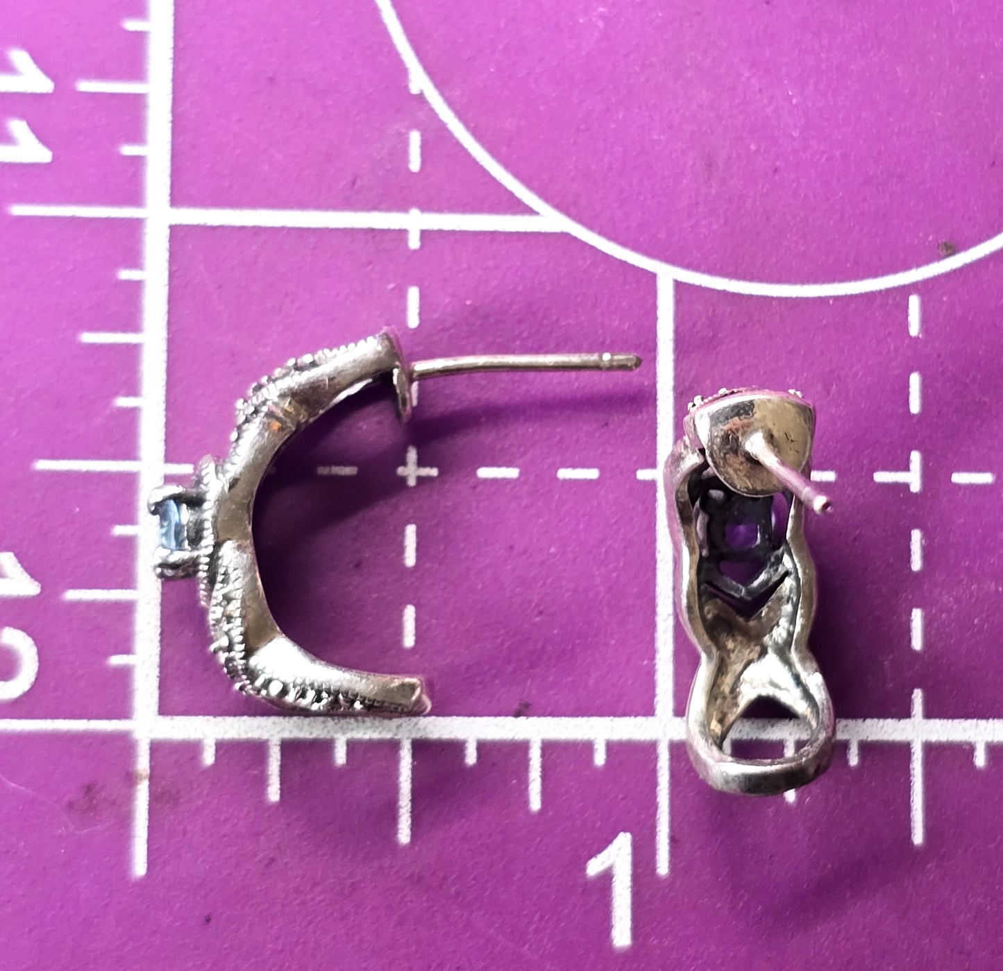 Blue Topaz open work heart vintage marcasite semi hoop sterling silver earrings