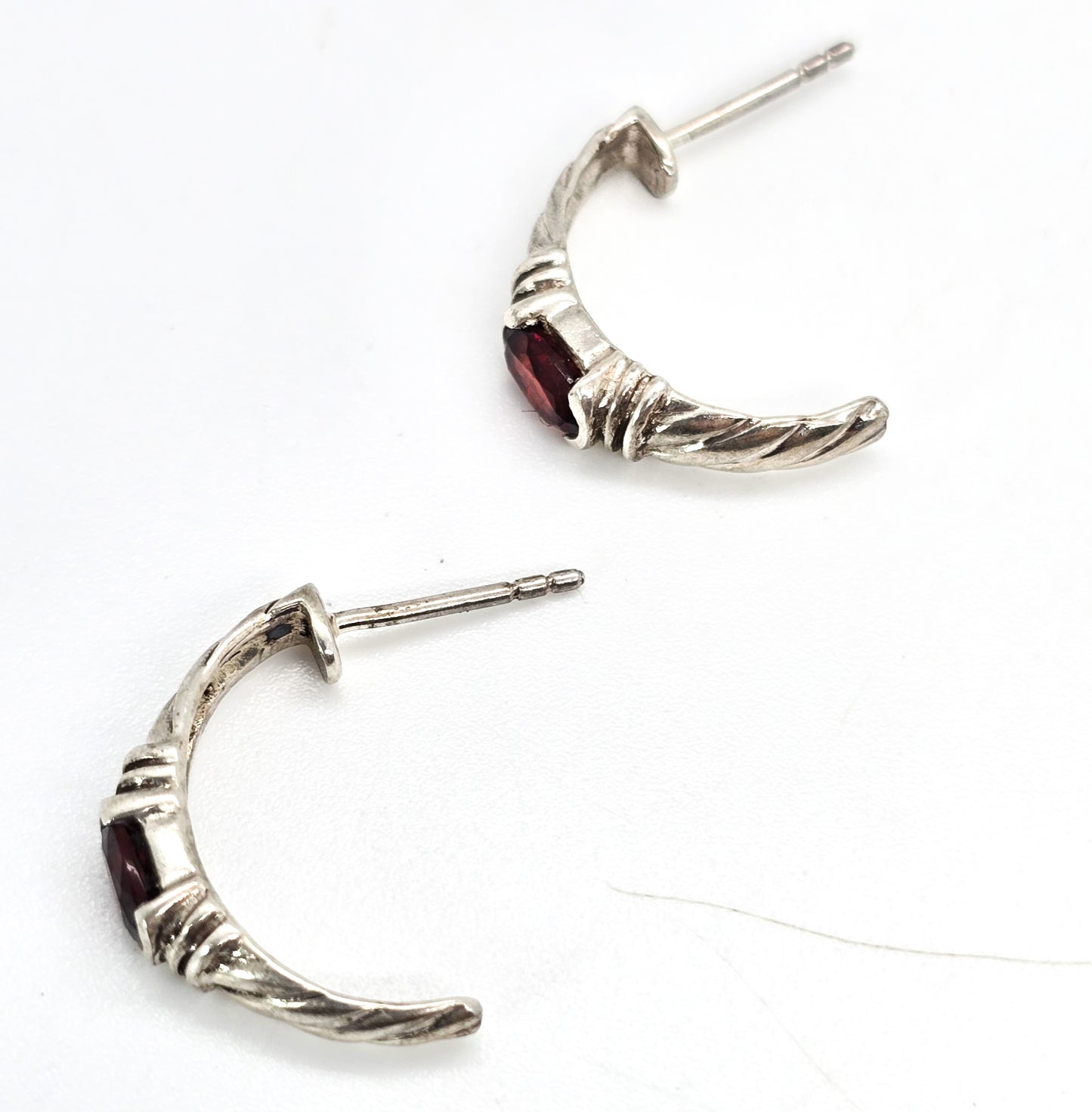 Red Garnet half hoop twisted rope sterling silver vintage gemstone earrings