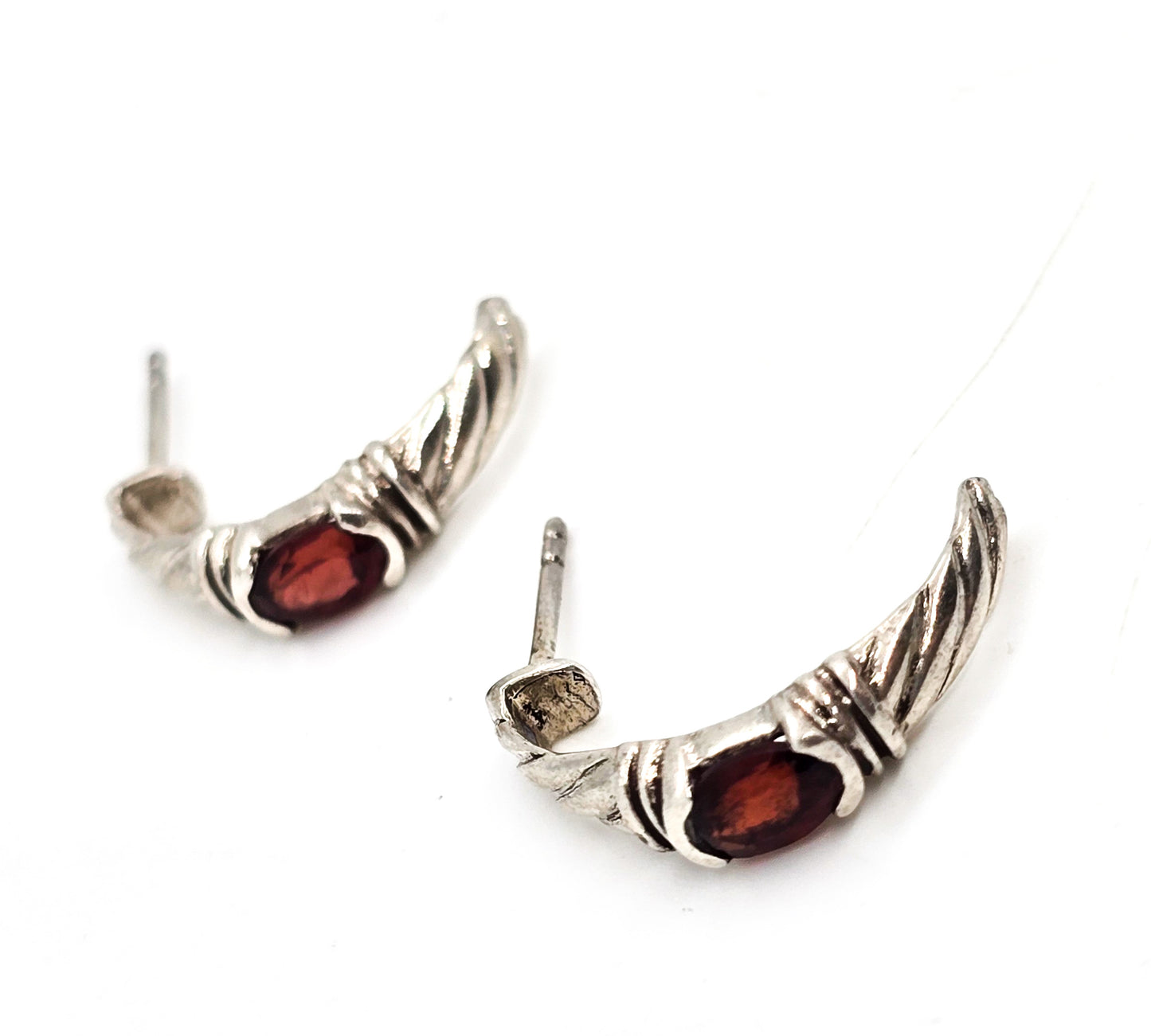 Red Garnet half hoop twisted rope sterling silver vintage gemstone earrings