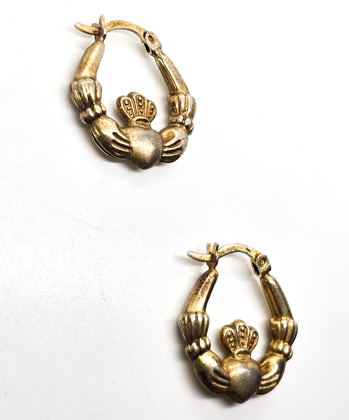 Claddagh HAN gold over sterling silver vermeil lever back vintage hoop earrings