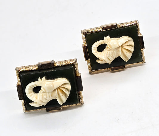 Jade Carved Elephant good luck gold plated vintage lucky cufflinks