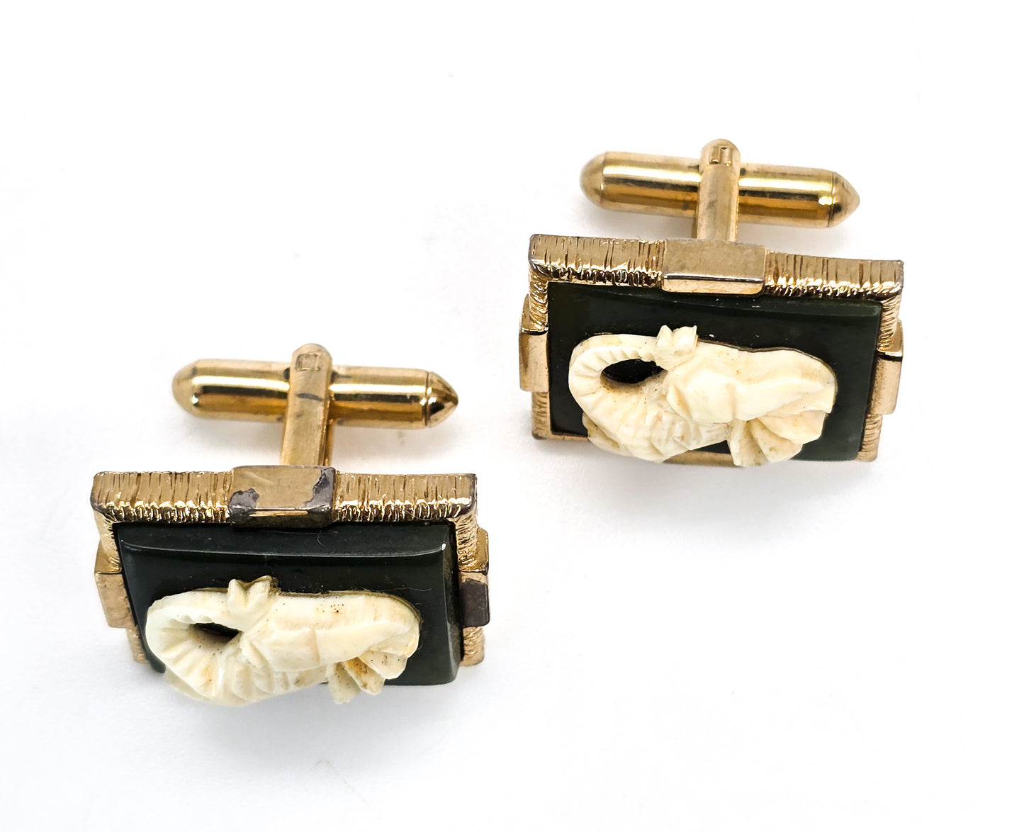 Jade Carved Elephant good luck gold plated vintage lucky cufflinks