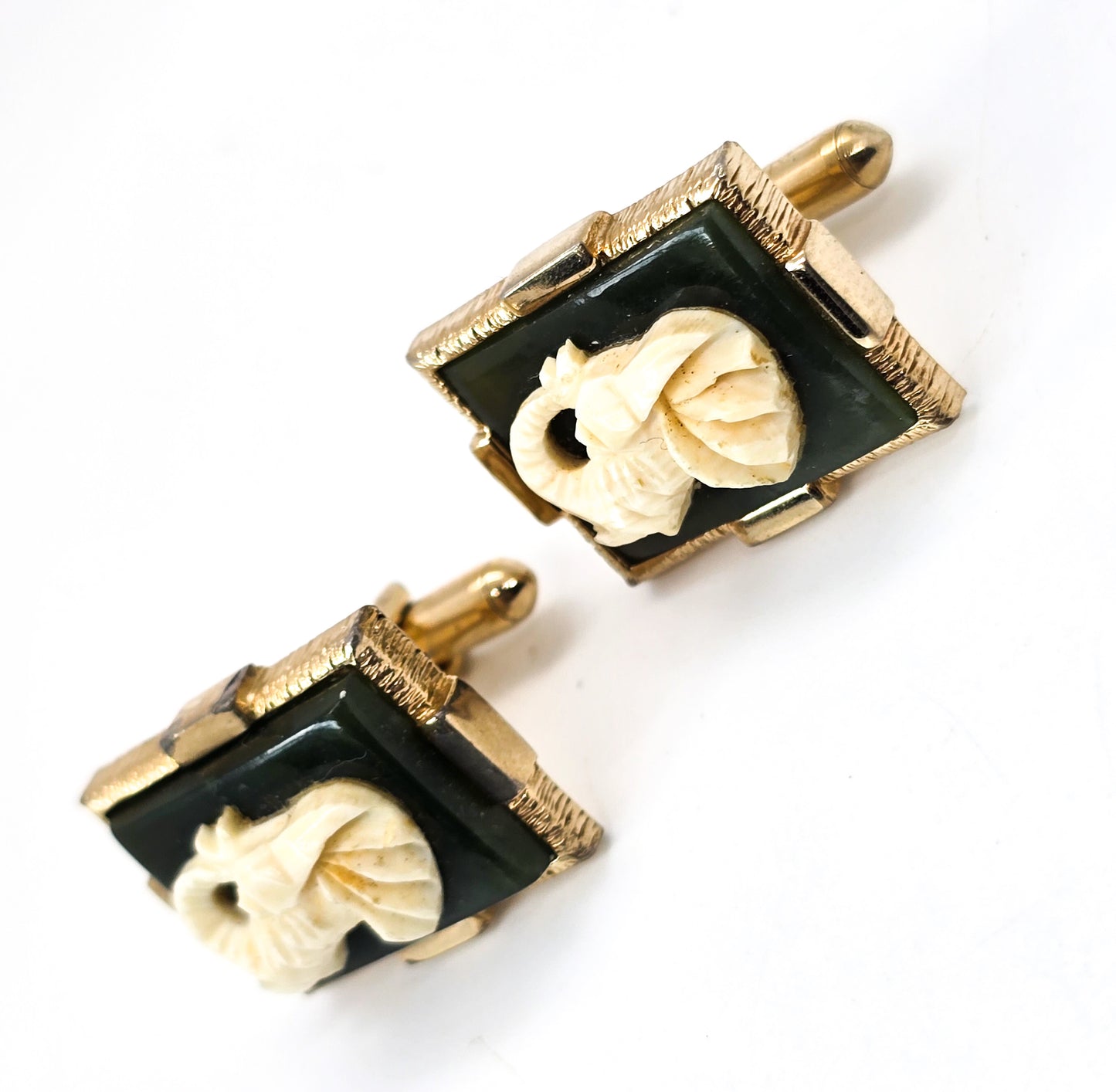Jade Carved Elephant good luck gold plated vintage lucky cufflinks