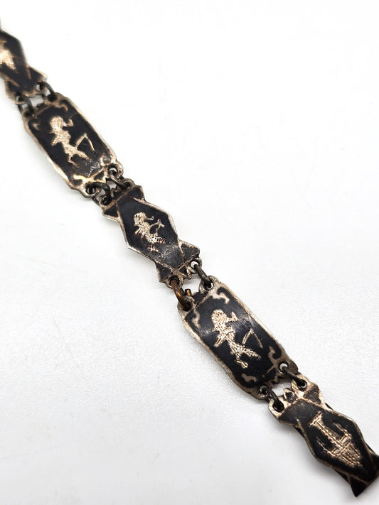 Siam Nielloware black enamel Maleka lightening goddess vintage sterling silver bracelet