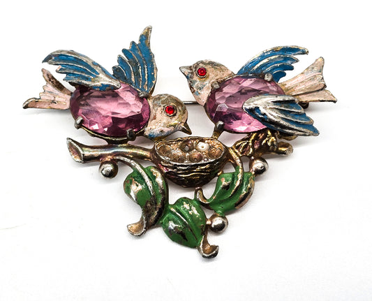 Fred Gray Corp Double bird enamel paste antique Art Deco brooch for repair RARE USA