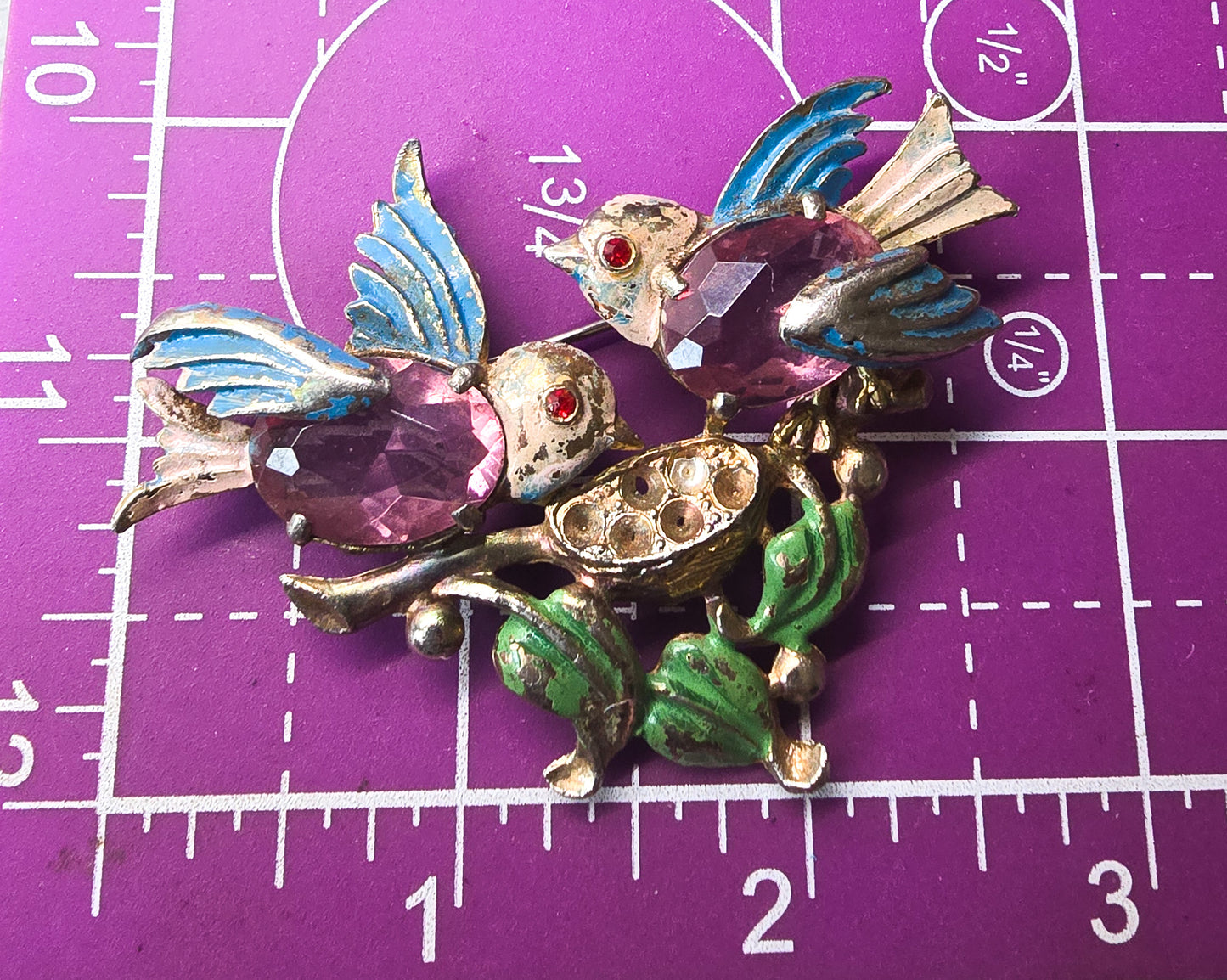 Fred Gray Corp Double bird enamel paste antique Art Deco brooch for repair RARE USA