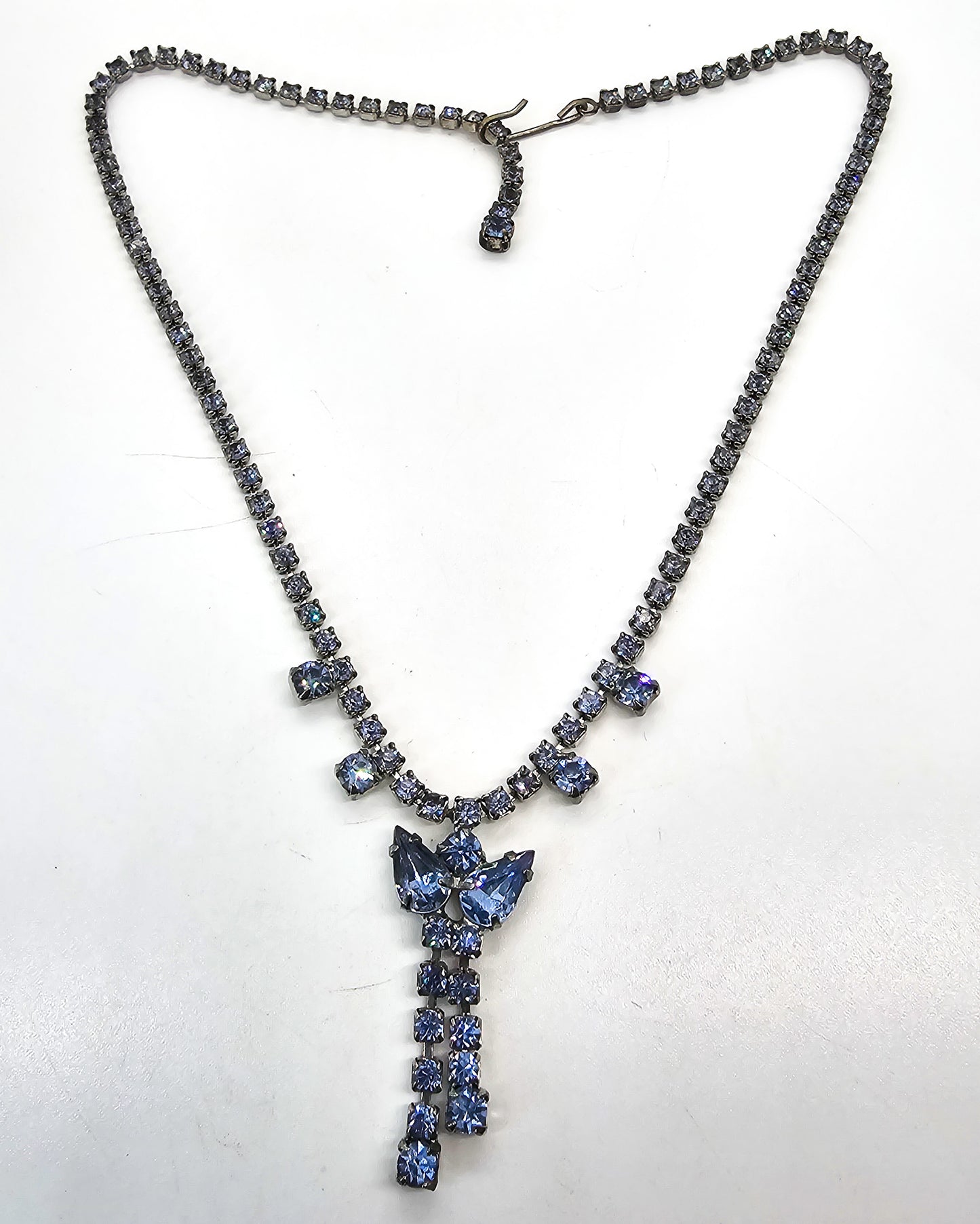 Blue tassel bow vintage rhinestone mid century necklace