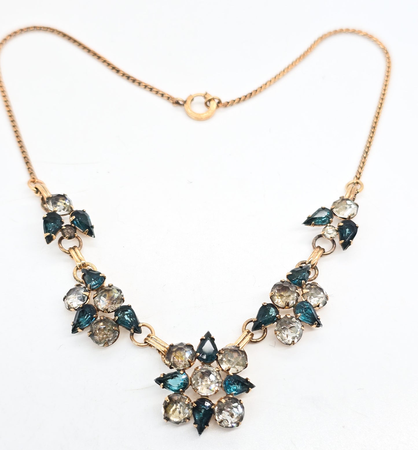Art Deco Gold Filled aqua blue and white open work rhinestone vintage necklace