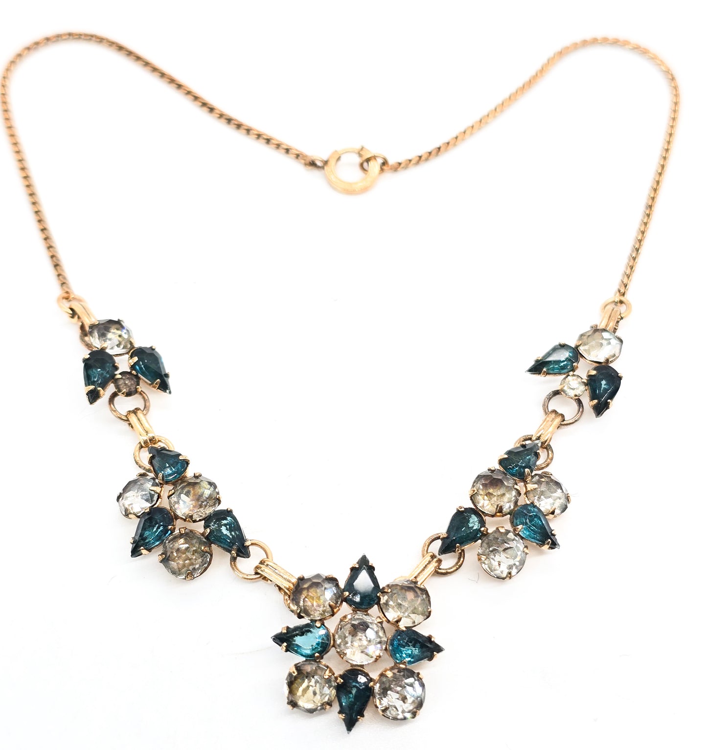 Art Deco Gold Filled aqua blue and white open work rhinestone vintage necklace