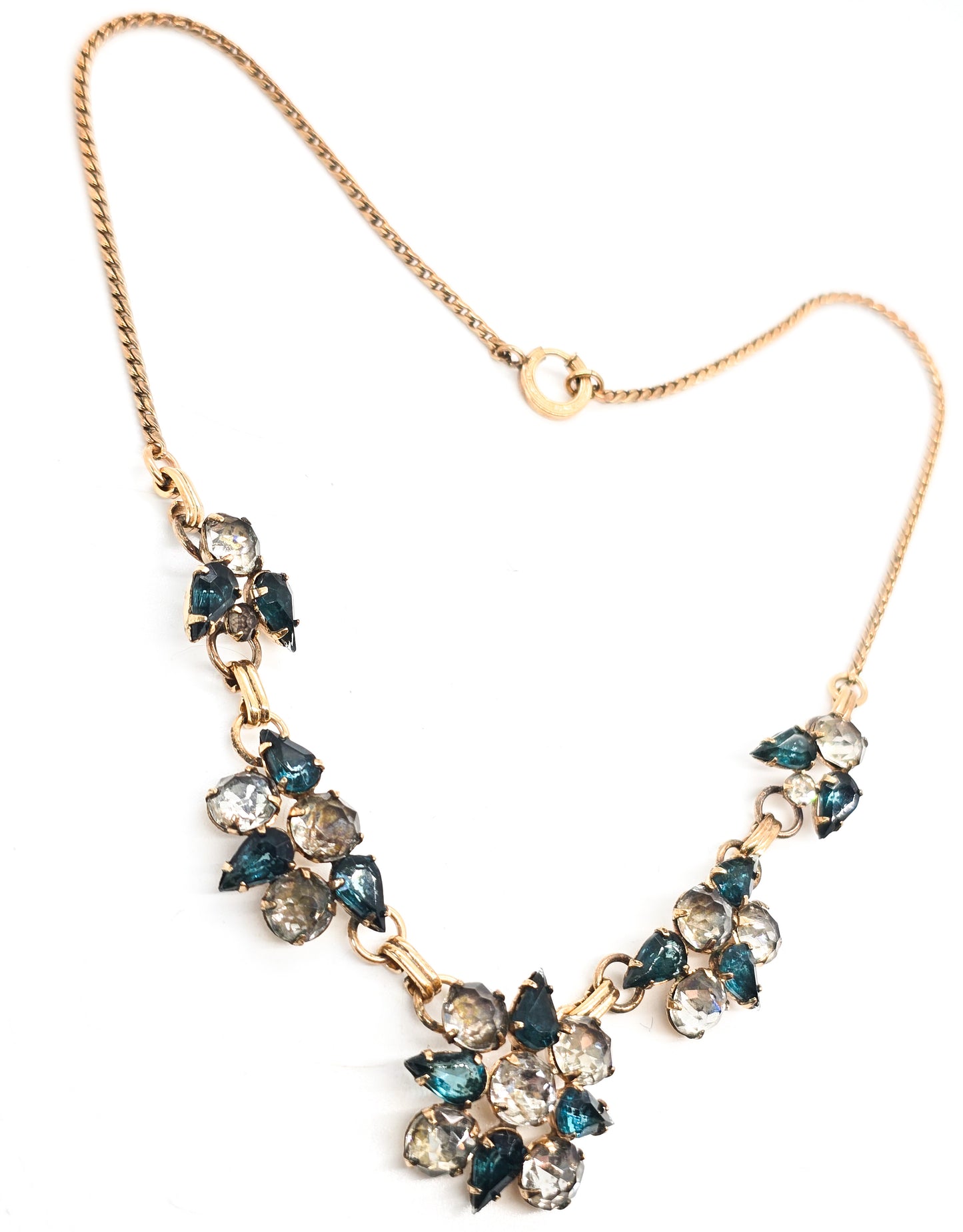 Art Deco Gold Filled aqua blue and white open work rhinestone vintage necklace