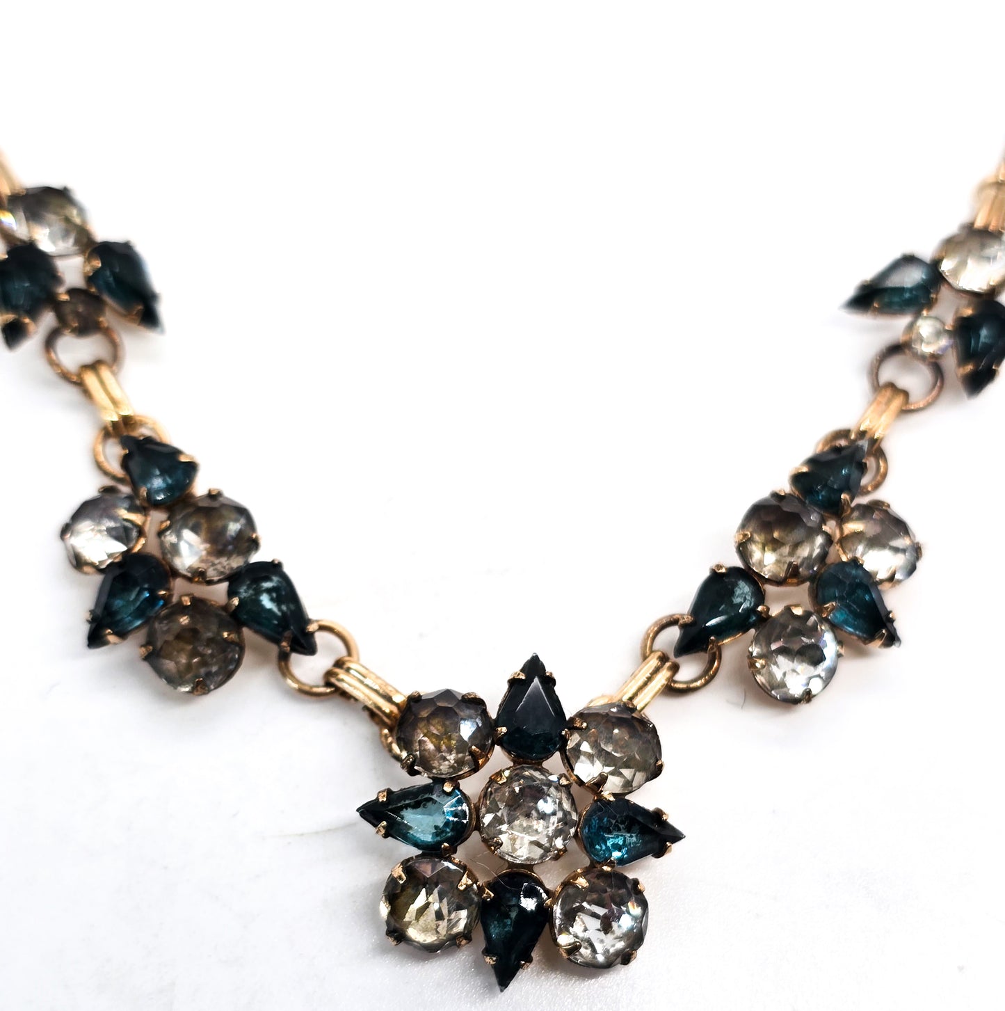 Art Deco Gold Filled aqua blue and white open work rhinestone vintage necklace