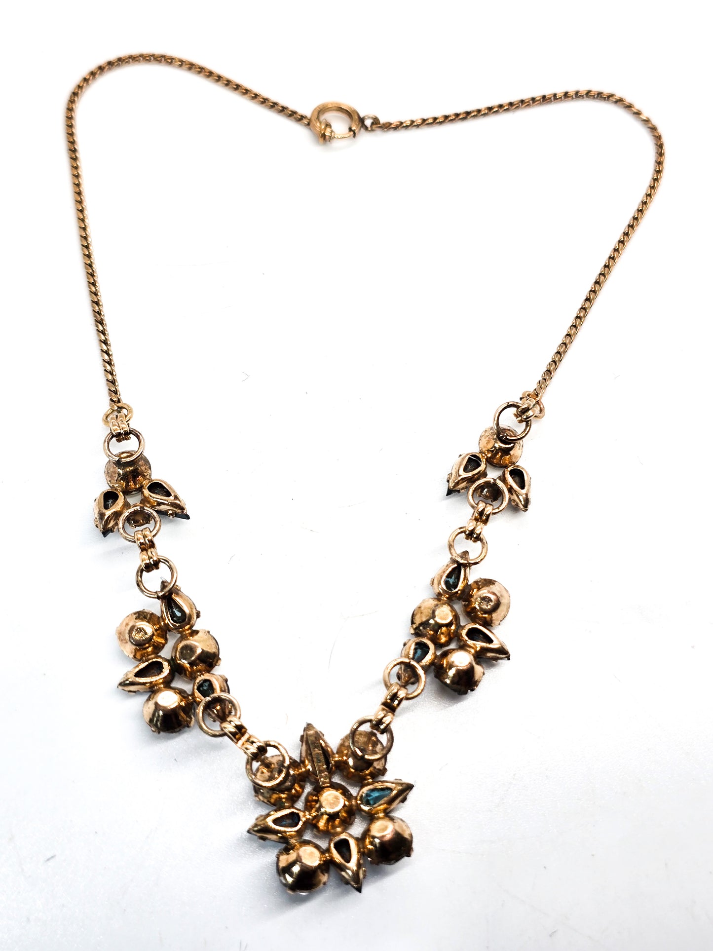 Art Deco Gold Filled aqua blue and white open work rhinestone vintage necklace